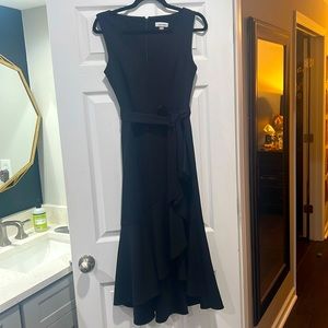 Calvin Klein black flowy dress w/ waist tie. Size 8.